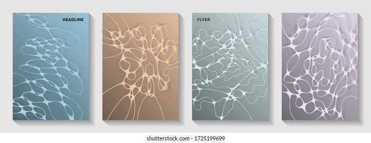 Biotechnology and neuroscience vector covers with neuron cells structure. Fluid curve lines rete backdrops. Subtle notebook vector layouts. Laboratory research report covers.