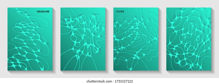 La biotecnología y la neurociencia cubre vectores con estructura de células neuronales. Las líneas de curva de Doodle mezclan los fondos. Plantillas vectoriales mínimas para portátiles. Cuadros científicos de biotecnología.