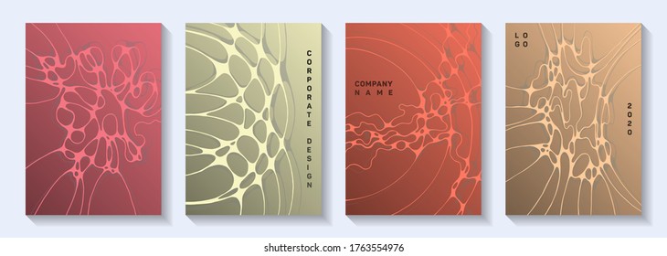 La biotecnología y la neurociencia cubre vectores con estructura de células neuronales. Redes de cuadrícula de líneas de curva móviles. Diseños de vectores de páginas de título vívidos. Cuadros científicos de biotecnología.