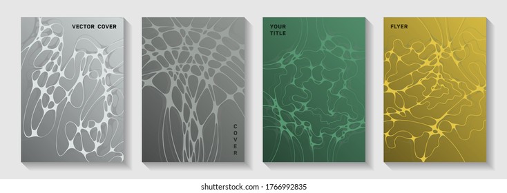La biotecnología y la neurociencia cubre vectores con estructura de células neuronales. Las líneas de curva cruzadas representan los fondos. Plantillas vectoriales de revista minimalista. Cubiertas medicofarmacéuticas.