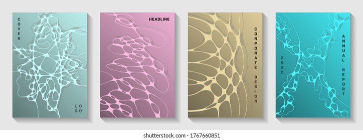 Biotechnology and neuroscience vector covers with neuron cells structure. Rounded curve lines torrent backdrops. Minimalist banner vector layouts. Anatomy, biology, medicine covers.