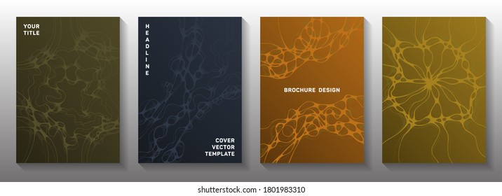 La biotecnología y la neurociencia cubre vectores con estructura de células neuronales. Líneas de curva dobladas de fondo de cadena de bloqueo. Diseños de vectores planos. Cuadros científicos de biotecnología.