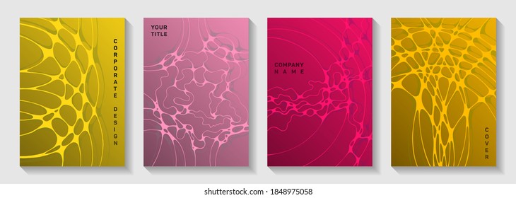 La biotecnología y la neurociencia cubre vectores con estructura de células neuronales. Curva de garabatos texturas de patrón de líneas. Plantillas vectoriales de revista suave. Anatomía, biología, coberturas medicinales.