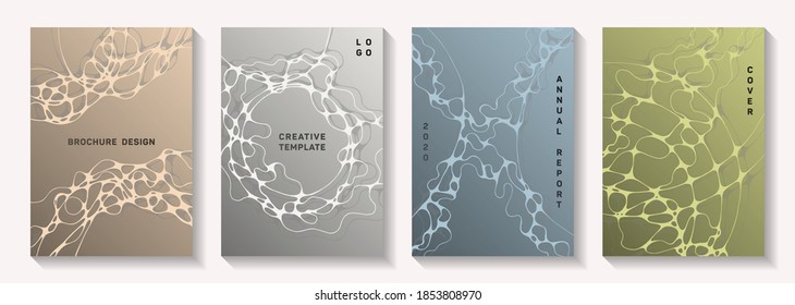 La biotecnología y la neurociencia cubre vectores con estructura de células neuronales. Intersección de fondos de red de líneas de curva. Diseños vectoriales de banner de tracería. Cubiertas sanitarias e higiénicas.