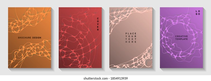 Biotechnology and neuroscience vector covers with neuron cells structure. Curly curve lines tissue backgrounds. Creative notebook vector templates. Neurology scientific covers.