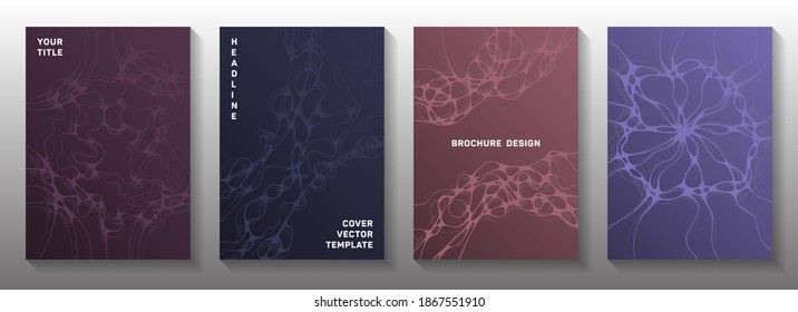 Biotechnology and neuroscience vector covers with neuron cells structure. Overlapping curve lines blend backdrops. Subtle notebook vector layouts. Anatomy, biology, medicine covers.