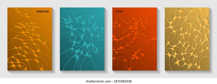 La biotecnología y la neurociencia cubre vectores con estructura de células neuronales. Intersección de líneas de curva con fondos de ornamento. Coloridos diseños vectoriales de folletos. La neurociencia cubre el diseño.