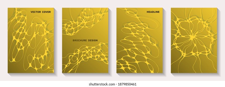 Biotechnology and neuroscience vector covers with neuron cells structure. Intersecting waves pattern backgrounds. Vibrant notebook vector templates. Scientific biotechnology covers.