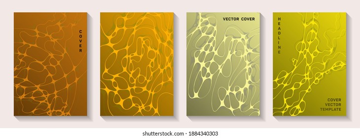 Biotechnology and neuroscience vector covers with neuron cells structure. Linked waves tissue textures. Trendy notebook vector layouts. Healthcare and hygiene covers.