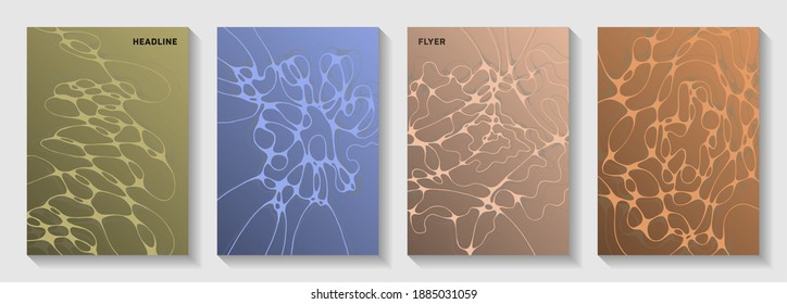 Biotechnology and neuroscience vector covers with neuron cells structure. Intersecting waves render backgrounds. Modern notebook vector layouts. Neurology scientific covers.