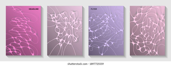 La biotecnología y la neurociencia cubre vectores con estructura de células neuronales. Fondo de torrente de ondas dinámicas. Plantillas vectoriales de revista minimalista. El informe de investigación de laboratorio abarca.
