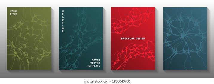 Biotechnology and neuroscience vector covers with neuron cells structure. Complex curve lines motion textures. Vivid brochure vector layouts. Chemistry or physics covers.