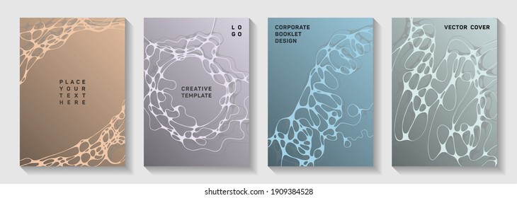 La biotecnología y la neurociencia cubre vectores con estructura de células neuronales. Las líneas de curva cruzadas tejen fondo. Diseños vectoriales mínimos para portátiles. La química o la física.