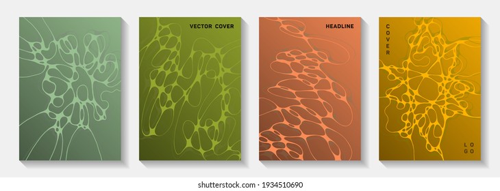 Biotechnology and neuroscience vector covers with neuron cells structure. Bent waves weave backgrounds. Stylish magazine vector templates. Scientific biotechnology covers.