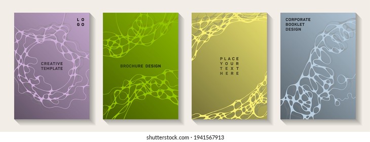 Biotechnology and neuroscience vector covers with neuron cells structure. Rounded curve lines pattern textures. Vibrant brochure vector templates. Healthcare and hygiene covers.