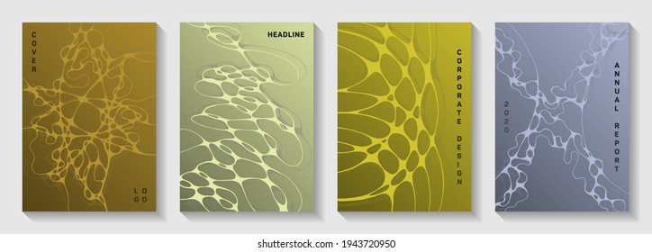 Biotechnology and neuroscience vector covers with neuron cells structure. Intersecting waves grid backgrounds. Creative notebook vector layouts. Healthcare and hygiene covers.