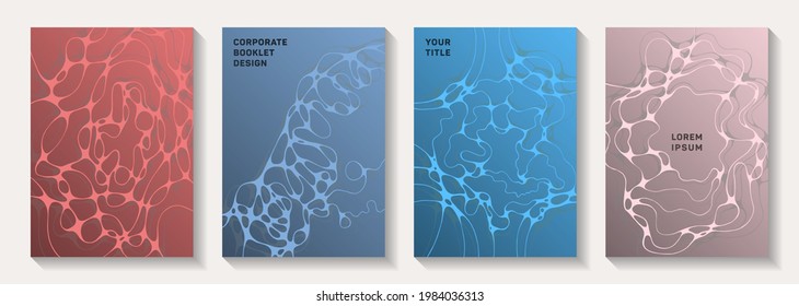 Biotechnology and neuroscience vector covers with neuron cells structure. flexible curve lines grid backgrounds. Openwork magazine vector templates. Microbiology science covers.
