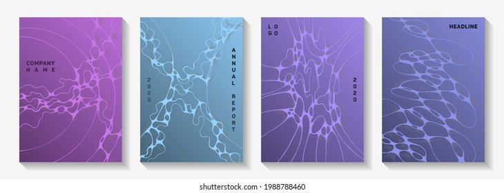 Biotechnology and neuroscience vector covers with neuron cells structure. Intersecting waves blend textures. Openwork magazine vector layouts. Laboratory research report covers.