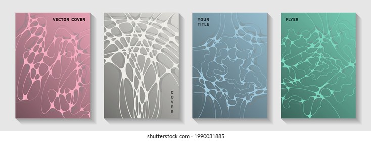 Biotechnology and neuroscience vector covers with neuron cells structure. Intersecting waves flow textures. Openwork brochure vector templates. Neuroscience covers design.