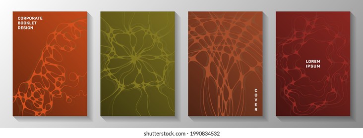 Biotechnology and neuroscience vector covers with neuron cells structure. Bent curve lines blockchain textures. Colorful brochure vector layouts. Microbiology science covers.