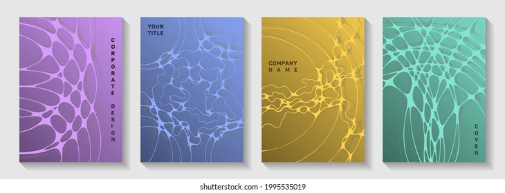 Biotechnology and neuroscience vector covers with neuron cells structure. Doodle waves surface backgrounds. Soft brochure vector layouts. Laboratory research report covers.