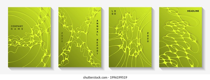 Biotechnology and neuroscience vector covers with neuron cells structure. Linked waves flow backdrops. Trendy title page vector templates. Neurology scientific covers.