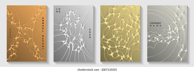 Biotechnology and neuroscience vector covers with neuron cells structure. Smooth curve lines surface backgrounds. Flat banner vector layouts. Laboratory research report covers.