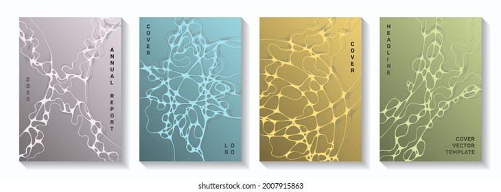 Biotechnologie und neurowissenschaftliche Vektorgrafiken decken sich mit der Struktur der Neuronen-Zellen. Bent-Kurve Linien Blasentexturen. Minimale Magazin-Vektorvorlagen. Die Mikrobiologie deckt ab.
