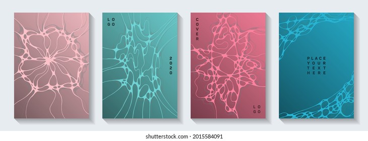 La biotecnología y la neurociencia cubre vectores con estructura de células neuronales. Las líneas de curva complejas representan texturas. Coloridas plantillas vectoriales de folletos. La química o la física.