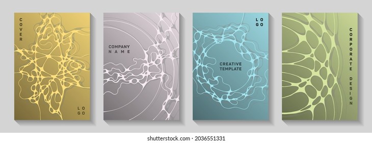 Biotechnology and neuroscience vector covers with neuron cells structure. Overlaying waves stream textures. Vibrant notebook vector layouts. Healthcare and hygiene covers.