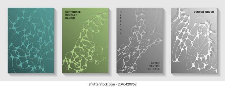 Biotechnology and neuroscience vector covers with neuron cells structure. Rounded curve lines fusion backdrops. Vibrant notebook vector layouts. Laboratory research report covers.