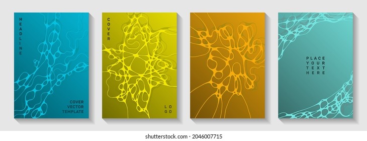 Biotechnology and neuroscience vector covers with neuron cells structure. Mobile waves blockchain textures. Delicate notebook vector templates. Chemistry or physics covers.