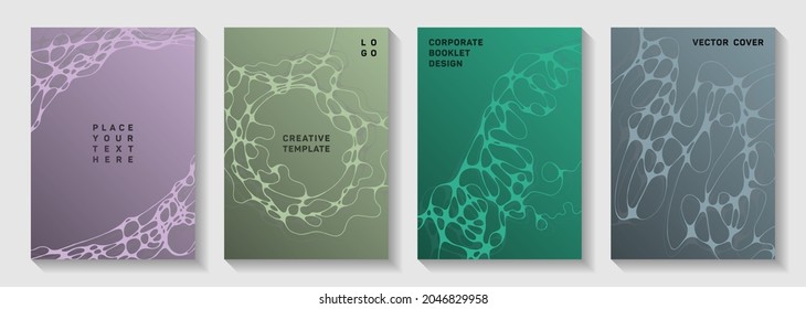 Biotechnology and neuroscience vector covers with neuron cells structure. Rounded waves net textures. Tracery magazine vector templates. Healthcare and hygiene covers.