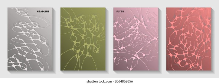 La biotecnología y la neurociencia cubre vectores con estructura de células neuronales. Líneas de curva redondeadas texturas netas. Coloridos diseños vectoriales de banner. Anatomía, biología, coberturas medicinales.