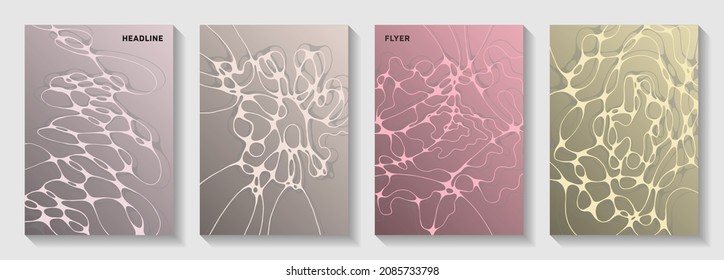 Biotechnology and neuroscience vector covers with neuron cells structure. Linked waves surface backgrounds. Vibrant title page vector layouts. Scientific biotechnology covers.
