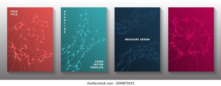 Biotechnology and neuroscience vector covers with neuron cells structure. Crossed waves grid textures. Soft brochure vector layouts. Pharmaceutical medical covers.