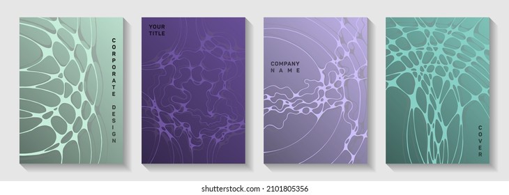 La biotecnología y la neurociencia cubre vectores con estructura de células neuronales. Las olas de doodle hacen burbujas de texturas. Estilosas plantillas vectoriales de banner. La neurociencia cubre el diseño.
