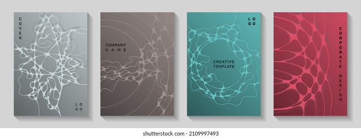 Biotechnology and neuroscience vector covers with neuron cells structure. Bent waves flow backdrops. Openwork magazine vector templates. Neurology scientific covers.