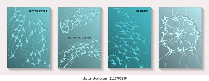 Biotechnology and neuroscience vector covers with neuron cells structure. Liquid waves weave backdrops. Creative title page vector templates. Chemistry or physics covers.