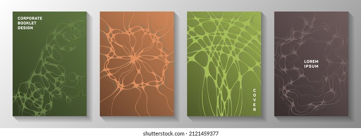 Biotechnology and neuroscience vector covers with neuron cells structure. Crossed waves blend backgrounds. Modern magazine vector templates. Chemistry or physics covers.