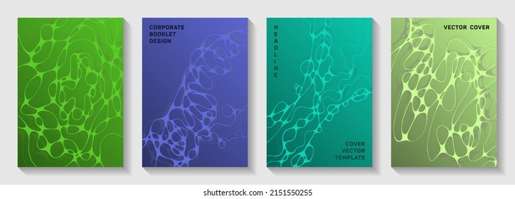 La biotecnología y la neurociencia cubre vectores con estructura de células neuronales. Las ondas enlazadas fluyen hacia atrás. Vibrantes diseños vectoriales de revistas. El informe de investigación de laboratorio abarca.