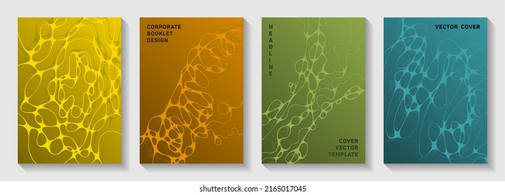 Biotechnology and neuroscience vector covers with neuron cells structure. Complex curve lines network backdrops. Openwork title page vector layouts. Neuroscience covers design.