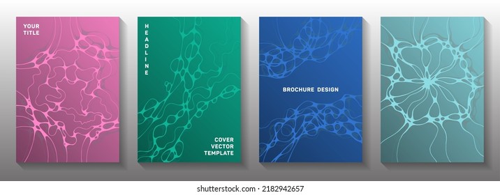 Biotechnology and neuroscience vector covers with neuron cells structure. Linked curve lines blockchain backgrounds. Flat magazine vector templates. Laboratory research report covers.