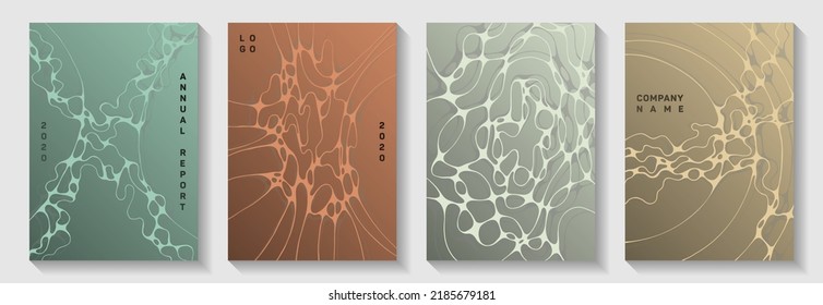 Biotechnology and neuroscience vector covers with neuron cells structure. Crossed waves plexus textures. Stylish title page vector layouts. Chemistry or physics covers.