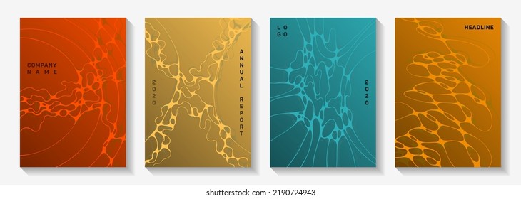 Biotechnology and neuroscience vector covers with neuron cells structure. Complex curve lines blend backgrounds. Colorful notebook vector templates. Laboratory research report covers.