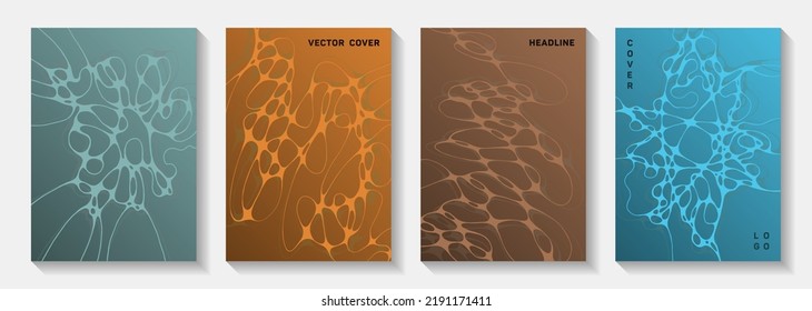 Biotechnology and neuroscience vector covers with neuron cells structure. Liquid waves torrent backgrounds. Minimalist magazine vector layouts. Neuroscience covers design.