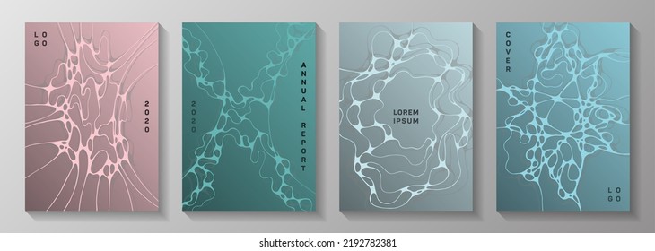 La biotecnología y la neurociencia cubre vectores con estructura de células neuronales. La curva curva curva con curvas de fondo de tejido. Diseños vectoriales de revista futurista. Portadas científicas de neurología.