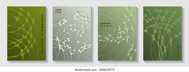 Biotechnology and neuroscience vector covers with neuron cells structure. Overlaying waves bubble textures. Openwork magazine vector templates. Microbiology science covers.