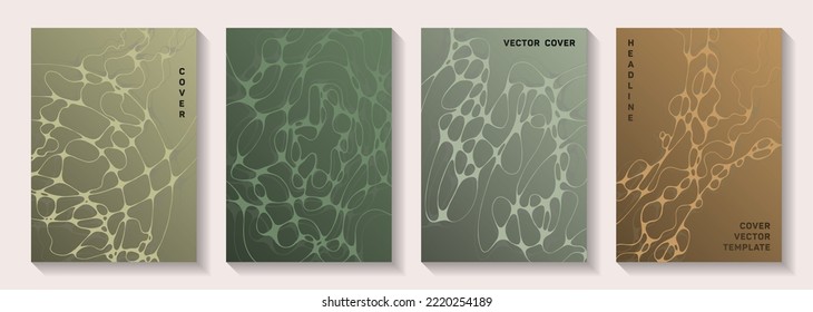 La biotecnología y la neurociencia cubre vectores con estructura de células neuronales. Olas líquidas torrenciales de fondo. Coloridas plantillas vectoriales de folletos. Anatomía, biología, coberturas medicinales.
