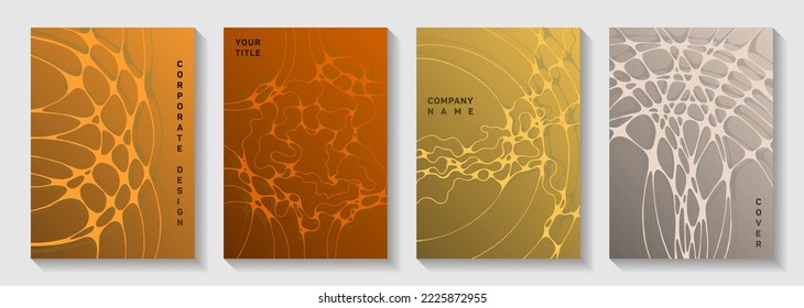 Biotechnology and neuroscience vector covers with neuron cells structure. Smooth waves bubble backdrops. Tracery brochure vector layouts. Neurology scientific covers.